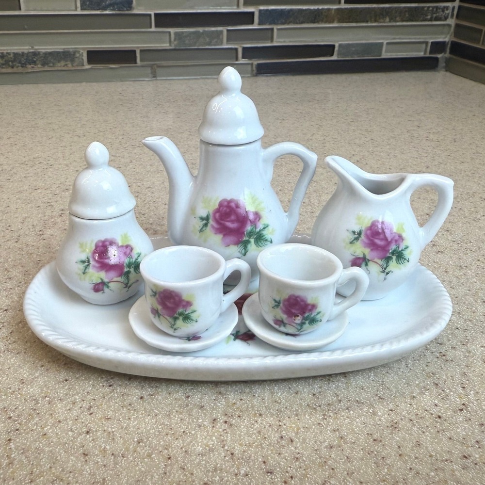 VTG Royal Norfolk Miniature Tea Set 10pc Porcelain Rose‎ Floral Dollhouse Decor